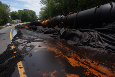 toxic sludge spilled from overturned tanker truck, polluting the roadside, created with generative aiの素材