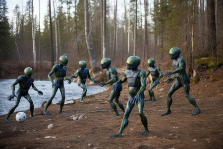 a group of aliens playing a game of football in their natural environment, created with generative aiの素材
