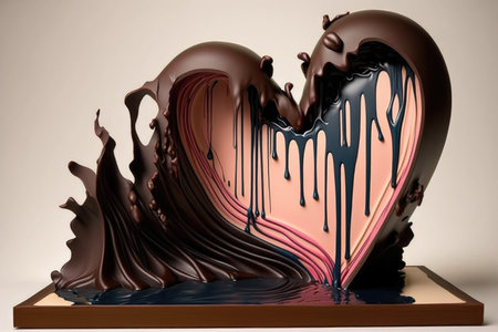 heart-shaped cake surrounded by a chocolate waterfall of ganache glaze, created with generative aiの素材