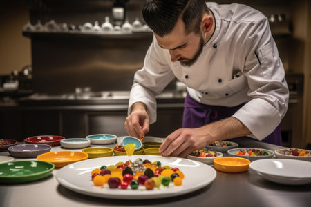 a chef decorating a plate with food and ingredients of different colors, shapes and sizes, created with generative aiの素材
