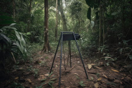metal detector frame in the middle of dense jungle, with wildlife in the background, created with generative aiの素材