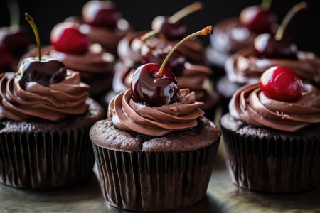 stack of individual chocolate cupcakes, each topped with swirl of frosting and cute cherry on top, created with generative aiの素材