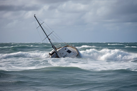 sailboat in stormy waters, capsized and sinking, created with generative aiの素材