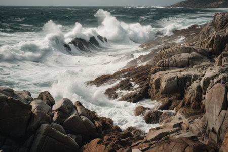 close-up of rocky shoreline with waves crashing against the cliffs, created with generative aiの素材