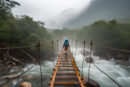 adventure traveller crossing rope bridge over raging river, with misty mountains in the background, created with generative aiの素材