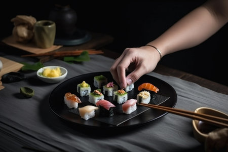 food stylist, arranging different kinds of sushi on a plate, created with generative aiの素材