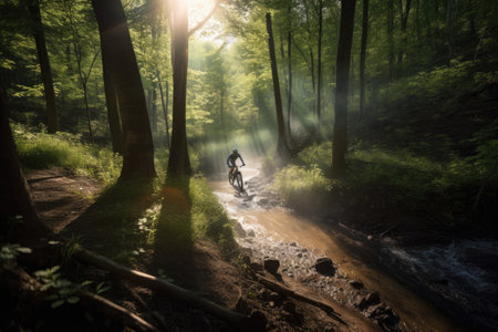 mountain biker riding through sunlit forest, with trees and streams in the background, created with generative aiの素材