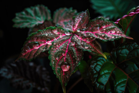close-up of neon plant, with water droplets on leaves, created with generative aiの素材