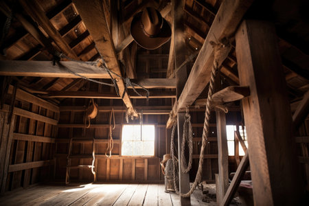 rustic barn with cowboy hat and rope hanging from the ceiling, created with generative aiの素材