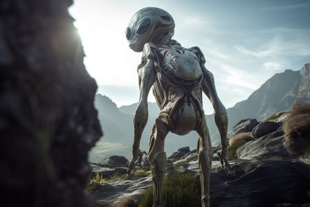 close-up of alien, with its otherworldly senses and technology in full view, exploring the natural landscape, created with generative aiの素材