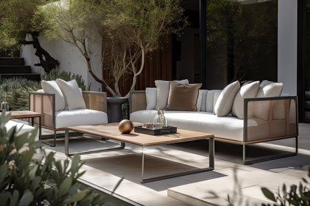 modern outdoor furniture and seating area with contemporary design elements, including sleek armchairs and coffee table, created with generative aiの素材