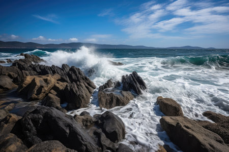 sea waves crashing onto the rocks at a rocky seashore, created with generative aiの素材