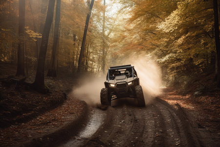 off-road vehicle speeding through wooded forest, surrounded by nature, created with generative aiの素材
