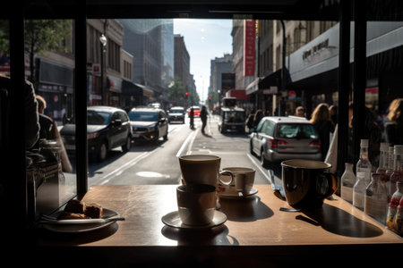 coffee break, with view of bustling city street, during rush hour, created with generative aiの素材