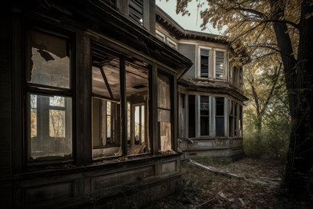 abandoned house, with the rooms visible through broken windows and doors, created with generative aiの素材