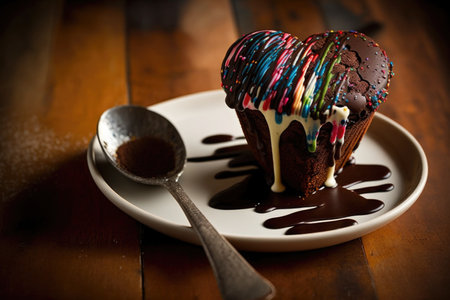 heart-shaped brownie with a drizzle of chocolate sauce and sprinkles on top, created with generative aiの素材