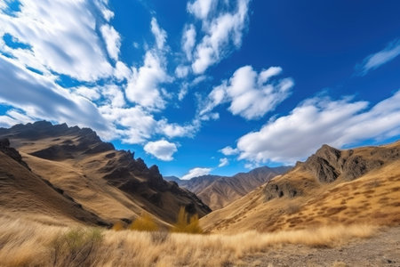 majestic mountain landscape with clear blue sky and white clouds, created with generative aiの素材