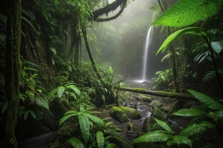 peaceful rainforest with dramatic waterfall and mist, created with generative aiの素材