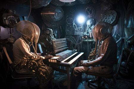 aliens playing futuristic musical instruments and producing otherworldly sounds, created with generative aiの素材