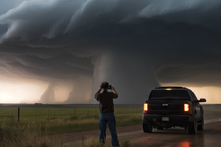 storm chaser observes powerful tornado from a safe distance, with storm clouds spinning in the background, created with generative aiの素材