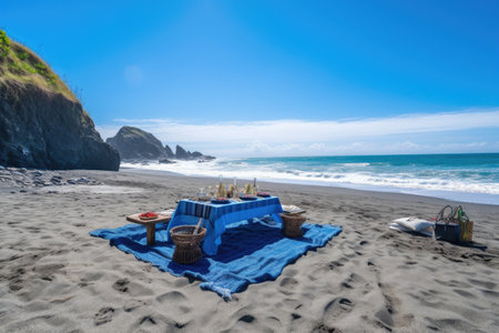 picnic setup on a secluded beach with blue waves in the background, created with generative aiの素材