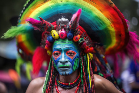 close-up of alien with colorful headdress, dancing and singing during festival, created with generative aiの素材