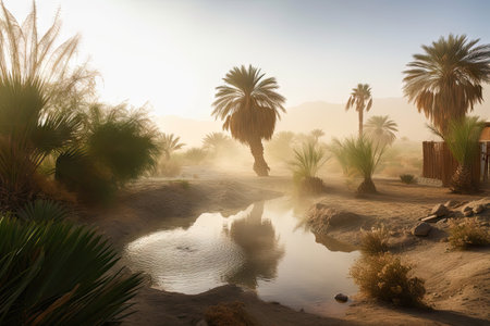 oasis with misty spring surrounded by hot desert landscape, created with generative aiの素材
