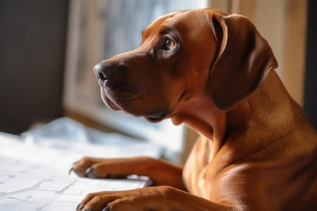 cute dog with paw on blueprint, planning the next step in construction, created with generative aiの素材
