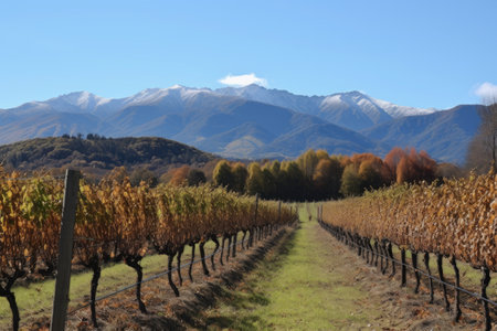 vineyard surrounded by mountains, with a single peak visible in the distance, created with generative aiの素材