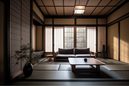 modern japanese style interior with minimalist and functional design, featuring sleek furniture, created with generative aiの素材