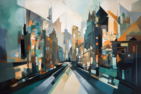 cubist painting of a cityscape, with blurred skyscrapers and busy streets, created with generative aiの素材