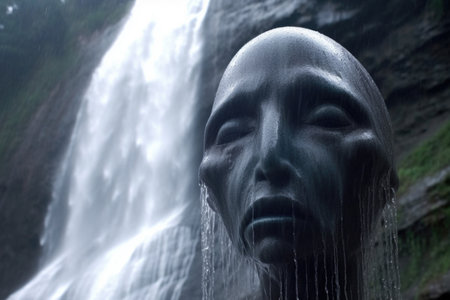close-up of aliens face, with waterfall in the background, created with generative aiの素材