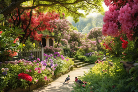 a garden with beautiful blooming flowers, birds chirping and a peaceful atmosphere, created with generative aiの素材