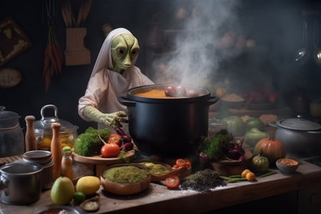 alien chef in steamy kitchen, preparing hearty stew with vegetables and spices, created with generative aiの素材