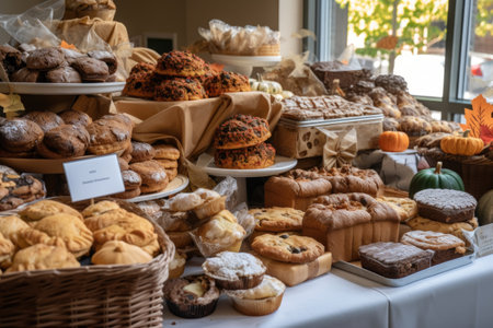 baked goods stand with variety of holiday and seasonal treats, including cookies, cupcakes, and other baked goods, created with generative aiの素材