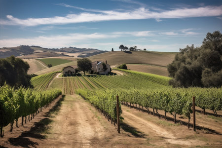 vineyard with rolling hills and farmhouse in the distance, created with generative aiの素材