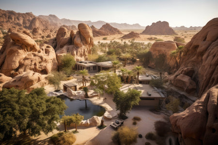 oasis with birds-eye view of the desert, surrounded by towering rock formations, created with generative aiの素材