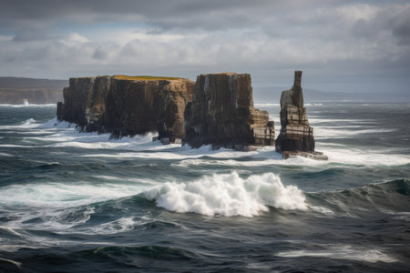 impressive rock formations and cliffs towering over the ocean waves, created with generative aiの素材
