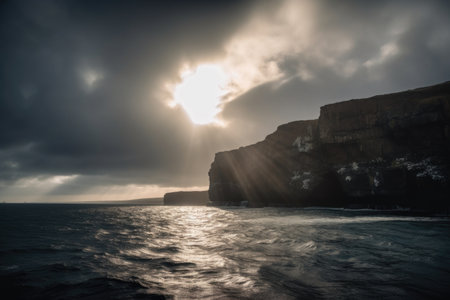 serene seascape with sun shining through the clouds and onto the cliffs, created with generative aiの素材