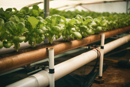 close-up of hydroponic system, with water and nutrients flowing through the pipes, created with generative aiの素材