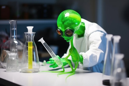 alien student, with keen interest in science, conducting experiment in chemistry lab, created with generative aiの素材
