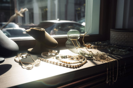 a jewelry display in a window with natural light, showing off the pieces, created with generative aiの素材