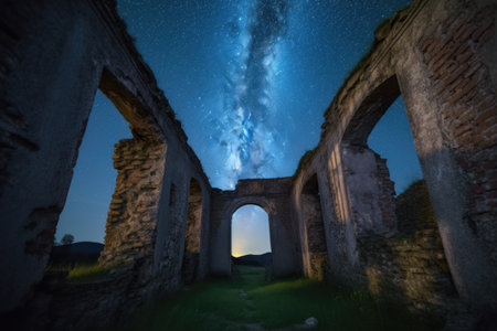 ancient ruins, with view of the night sky and stars, showing the passage of time, created with generative aiの素材