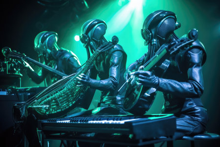 alien band playing futuristic instruments and using special effects during concert performance, created with generative aiの素材