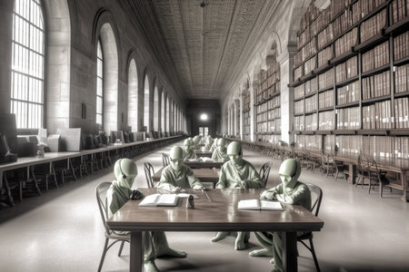 a group of aliens in the library, studying for upcoming exams, created with generative aiの素材