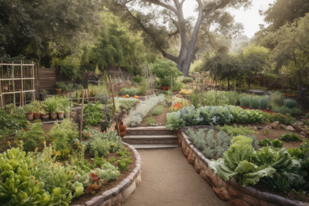 edible landscape with flourishing garden, including fruit trees and vegetable plants, created with generative aiの素材