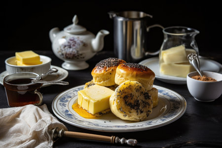 plate of warm rolls, with butter and poppy seeds, created with generative aiの素材