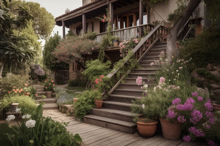 mediterranean house with lush garden, blooming flowers and wooden deck, created with generative aiの素材