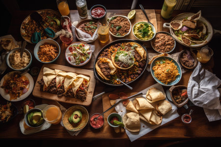 tacos, burritos, and nachos spread out on table for a feast, created with generative aiの素材