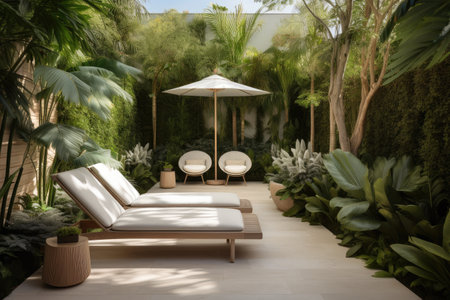 relaxing outdoor seating space with contemporary lounge chairs, potted plants and overhead fan, created with generative aiの素材